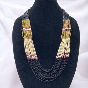 Multi Strand Seed Bead Necklace Earth Tones Gold Ivory Rust Slate 29"L + 1"